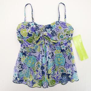 A Shore Fit Tankini Top Purple Floral Print Sweetheart Ruched Empire Waist 8 NWT
